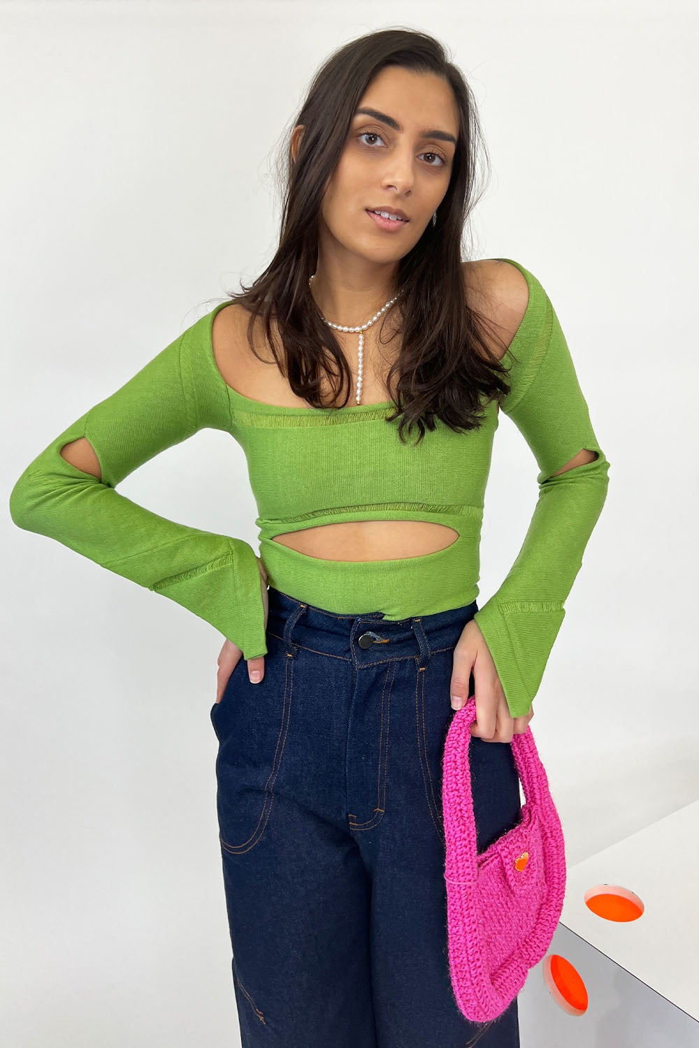 July Li - Fitted Cutout Knit Top: Avocado Green