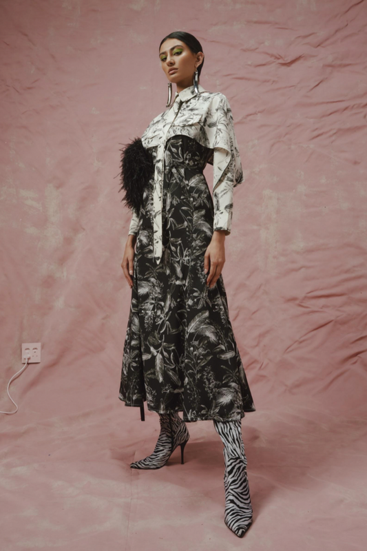 Thebe Magugu - Split Print Porcelain Dress: Bone & Black