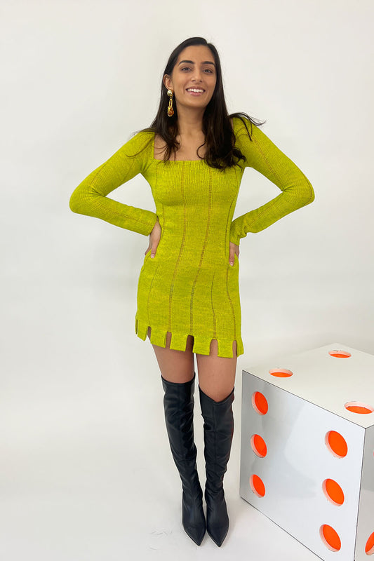 July Li - Striped Fitted Dress: Mustard Green