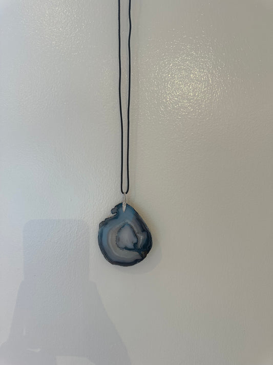 Airy Heights Design- Lagoon Agate Pendant with Oleander Leaf Bail on Black Leather Tie Cord