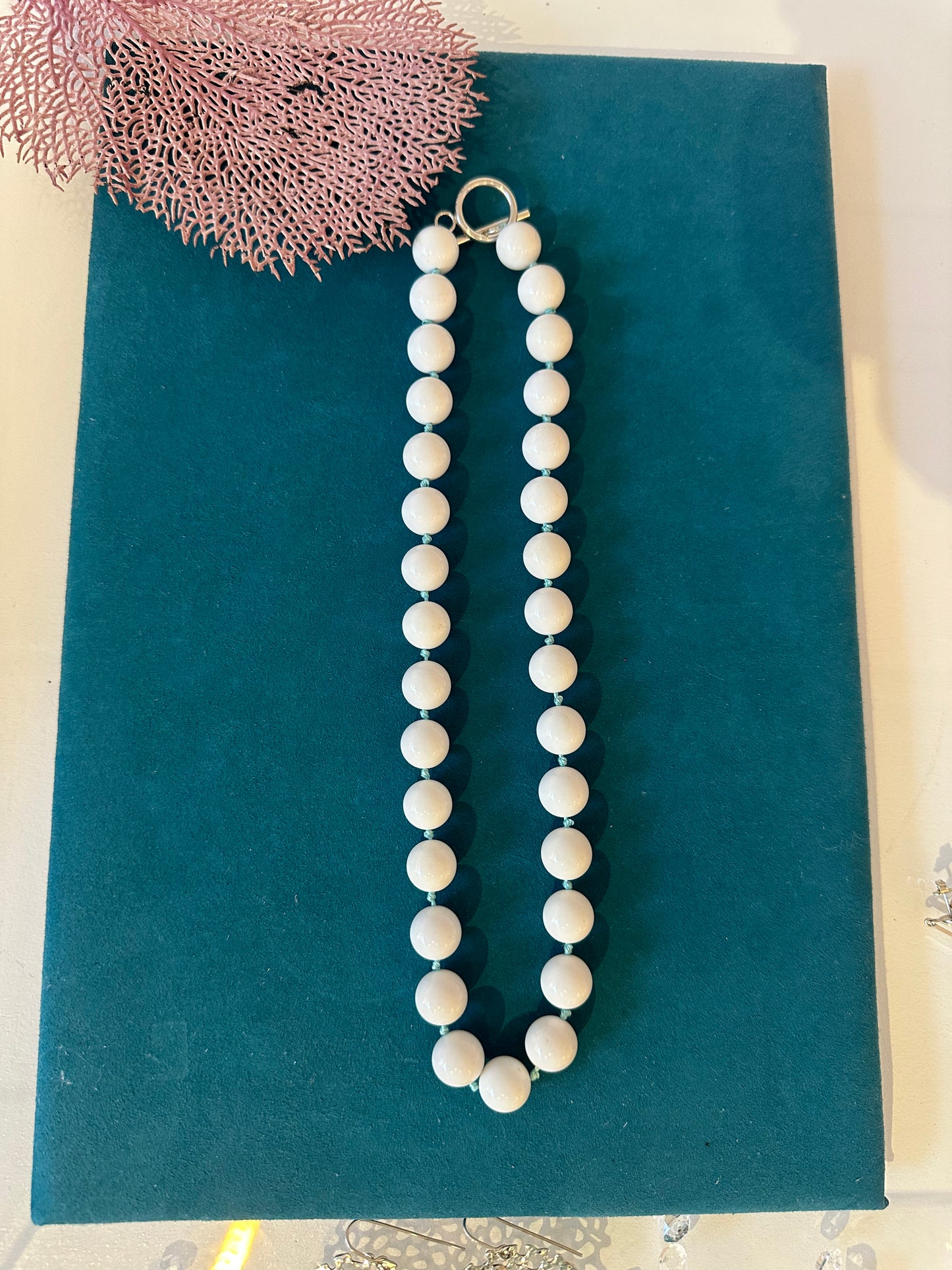 Airy Heights Design- White Agate Necklace Hand Knotted with Turquoise Silk/Sterling Toggle