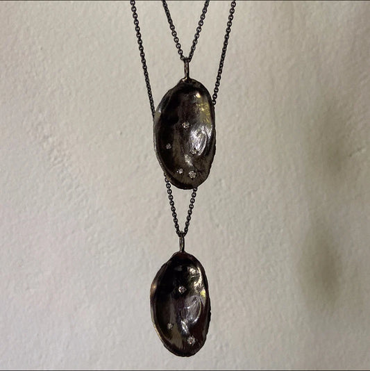Airy Heights Design- Oyster Shell Pendant in Oxidized Sterling with Diamonds/ 30” Cable Chain