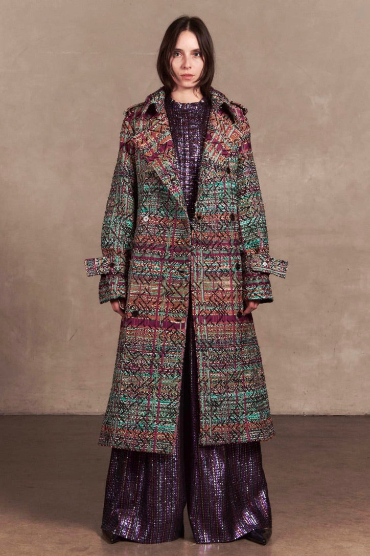 Benjamin Benmoyal - Long Belted Trench Coat: Jacquard Pruple/Turquoise