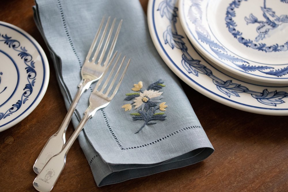 Luke Aaron -- Cornflower Embroidered Napkin