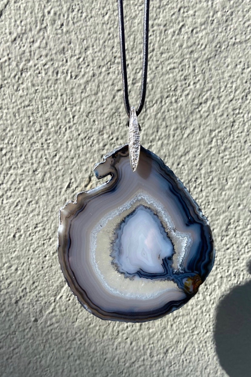 Airy Heights Design - Agate Pendant with Oleander Leaf Bail: Lagoon with Black Leather Cord