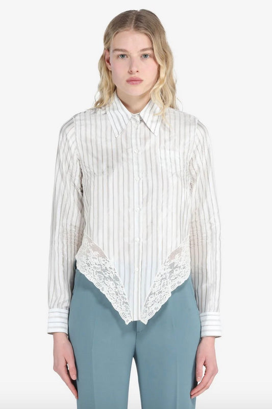 No.21 - Pin Stripe Collared Shirt with Lace Trim: White Multi