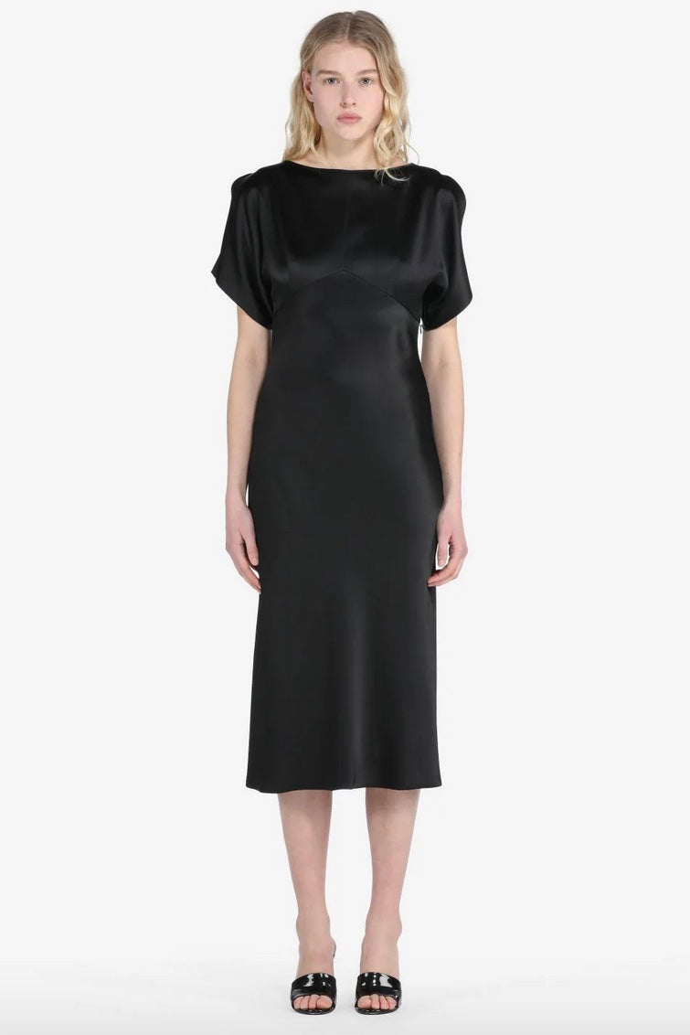 No.21 - Satin Short Sleeve Midi Dress: Black