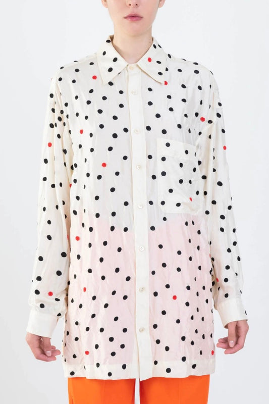 Alysi Creme - Embroidered Silk Shirt: Burro Polka Dots