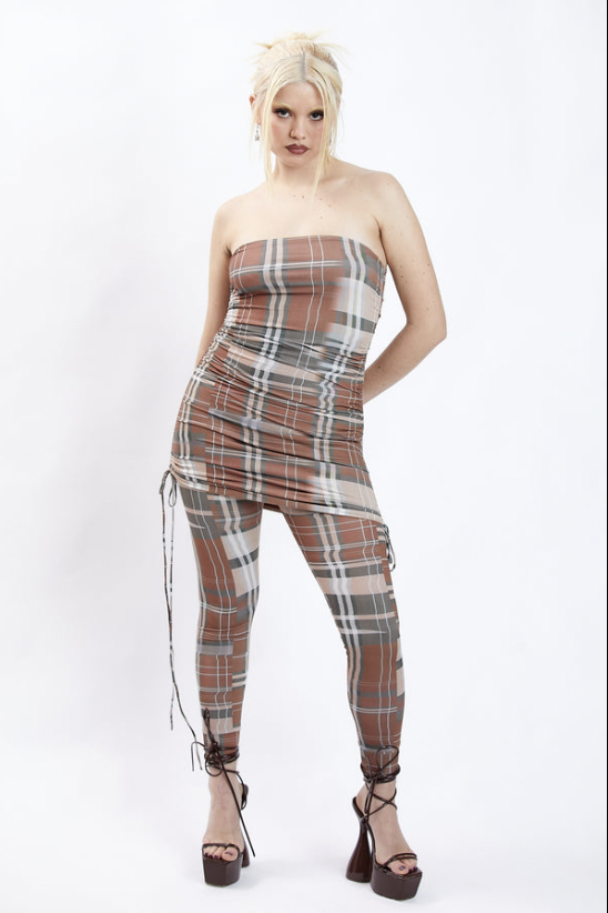 Madness - Booty Call Skirt Dress Top: Brown Plaid