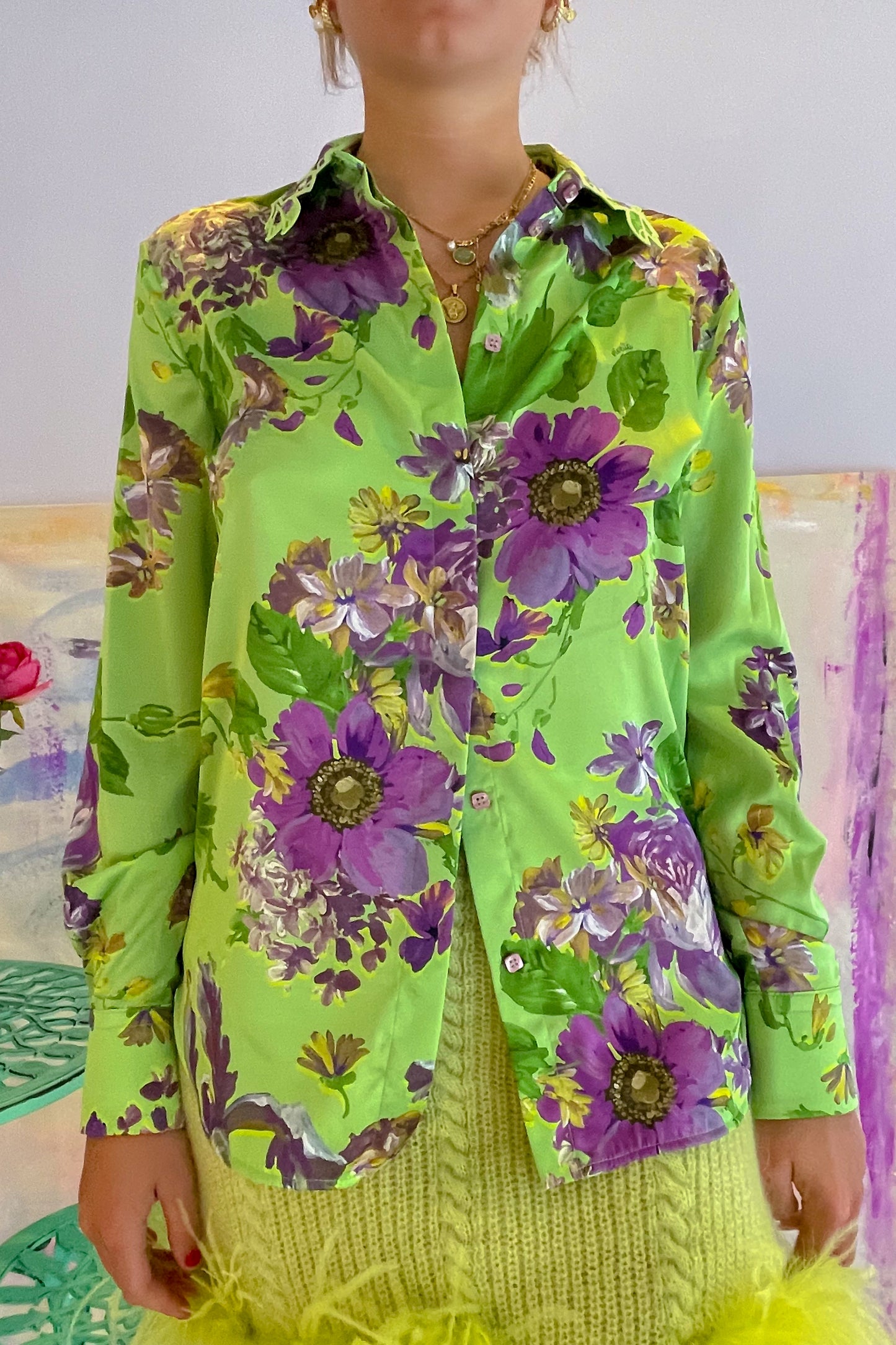 Vivetta- Floral Button Up: Green/ Purple