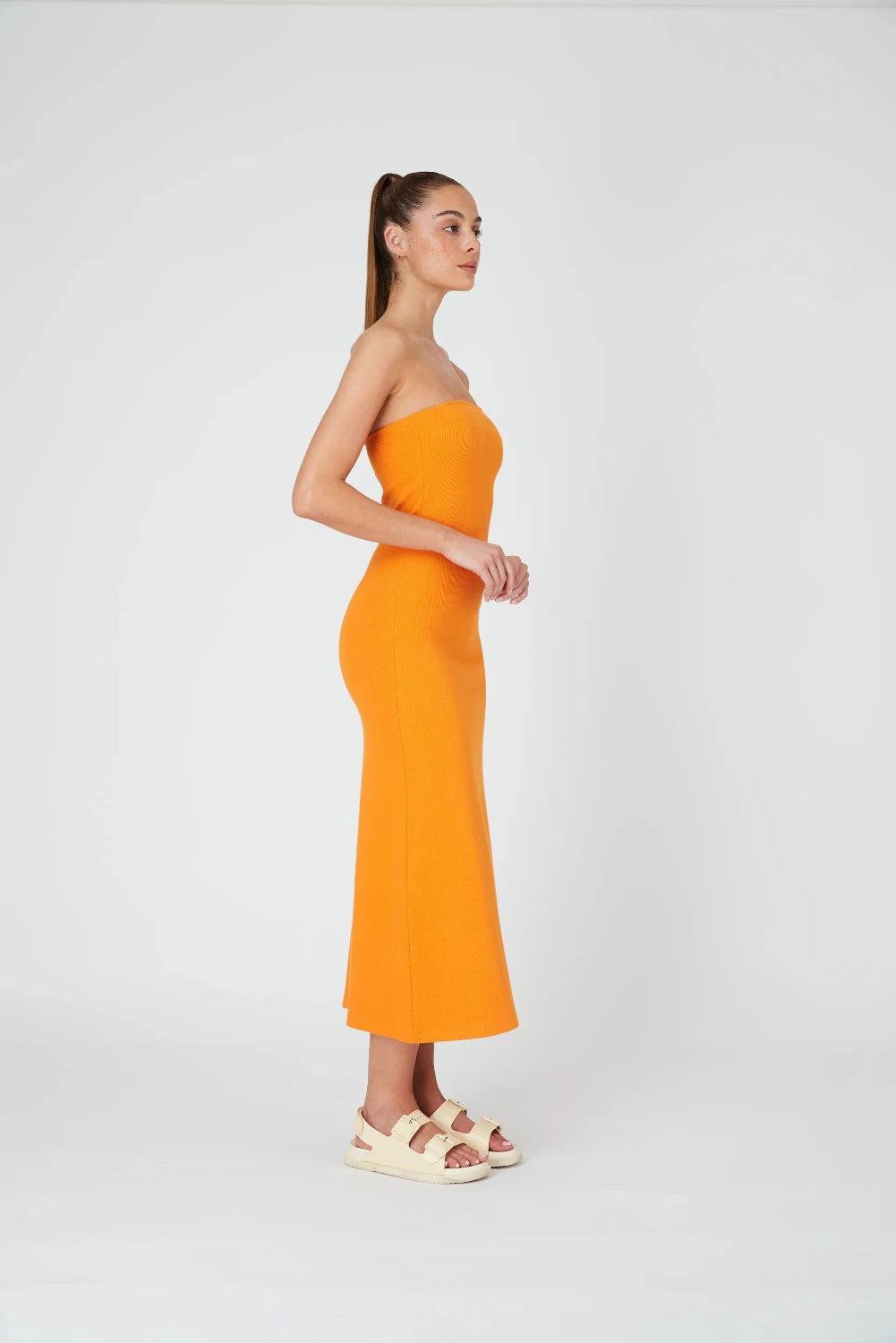 Summi Summi -  Strapless A Line Midi Dress: Tangerine