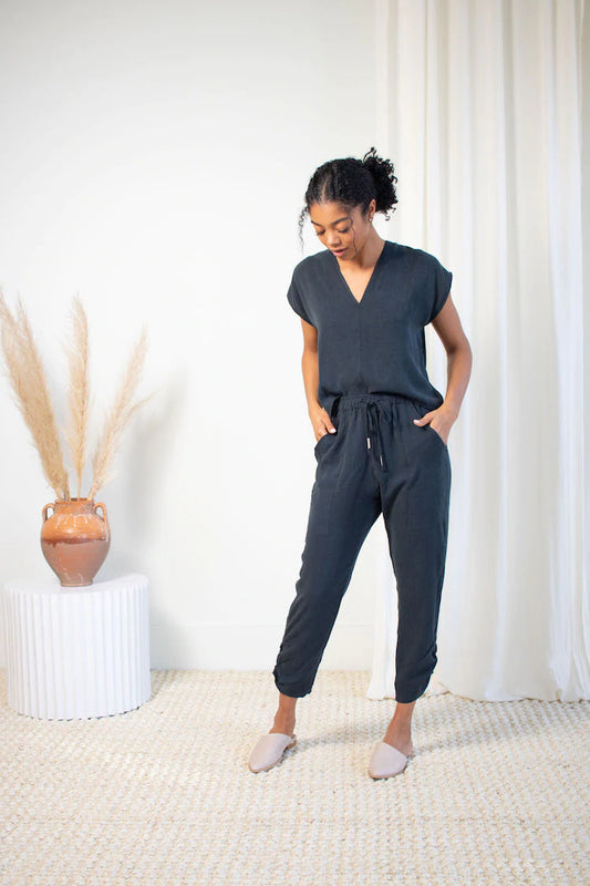 Natalie Busby- Slim Slouch Pant: Pacific Blue