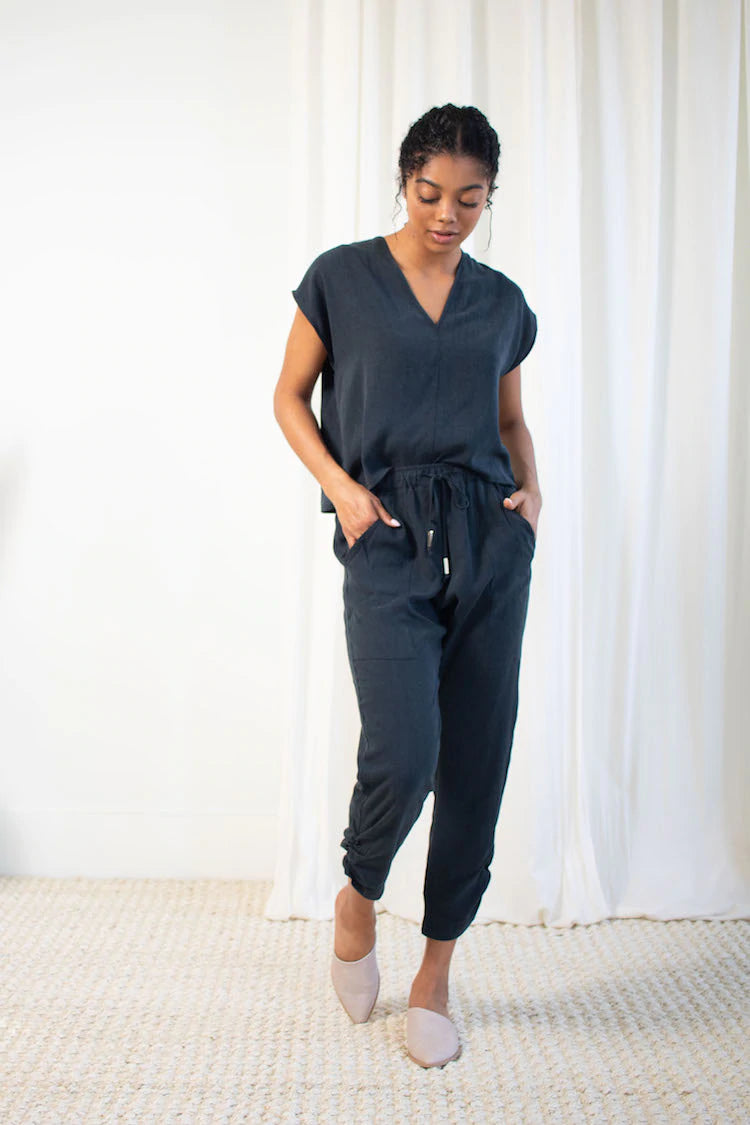 Natalie Busby- Slim Slouch Pant: Pacific Blue