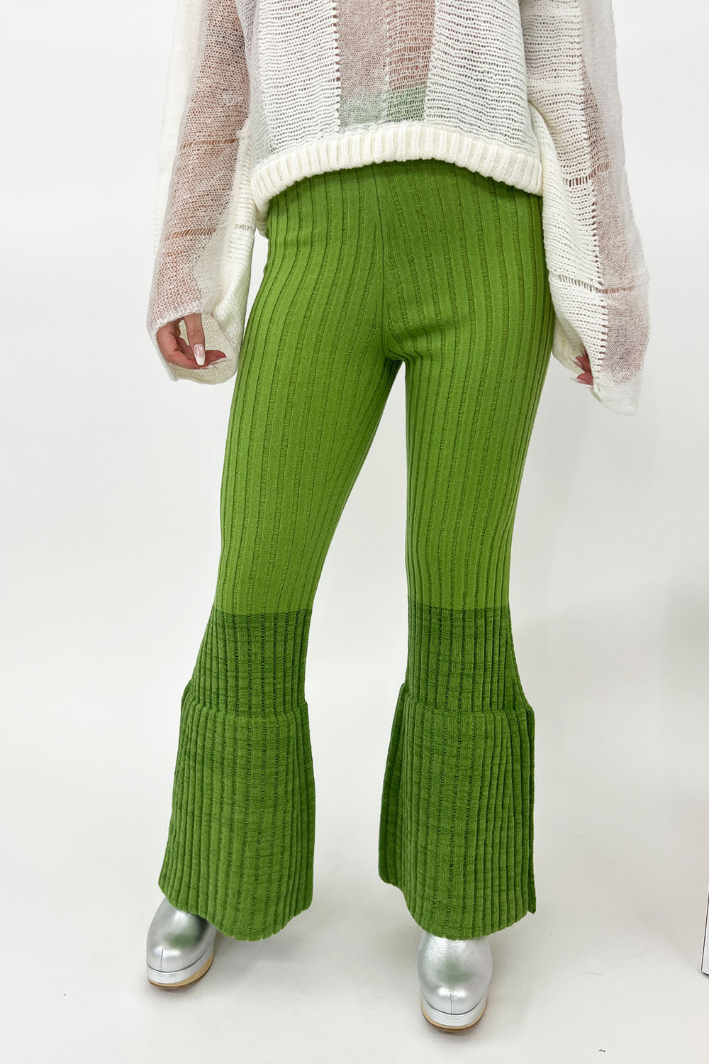 July Li - Flared Knit Pants: Avocado Green