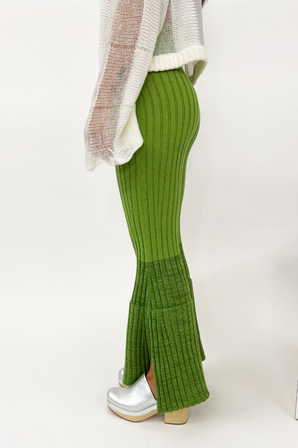 July Li - Flared Knit Pants: Avocado Green