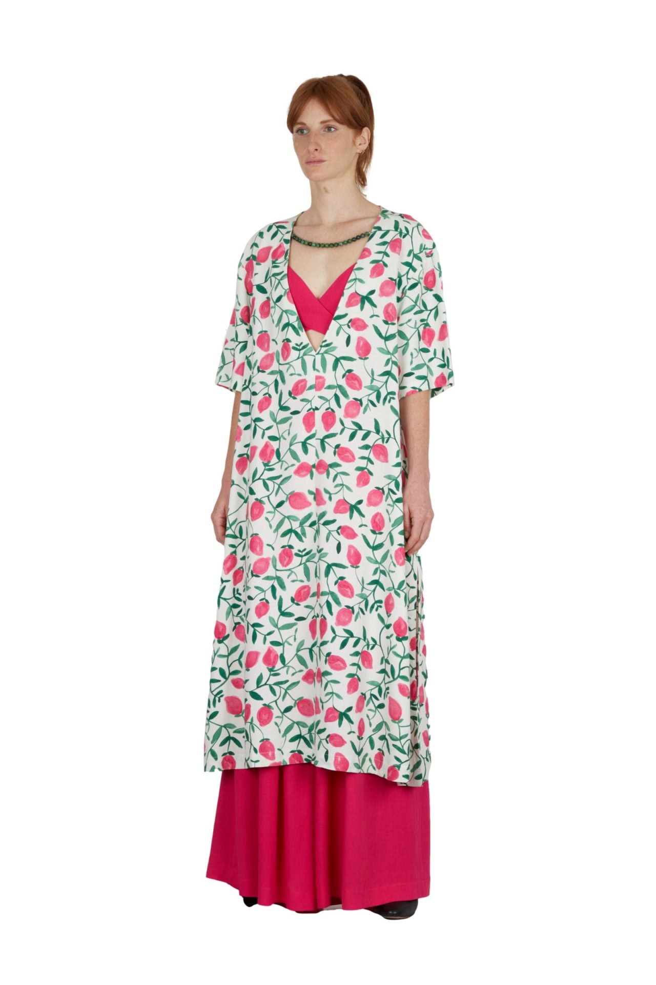 Benjamin Benmoyal - Stone Chain Long V Collar Caftan: Green & Pink