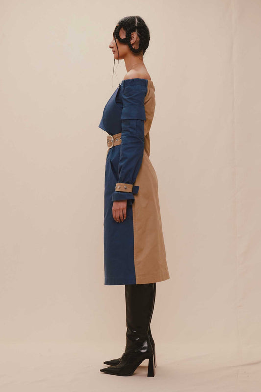 Thebe Magugu- Off Shoulder Bi-Color Trench Coat: Beige/Blue