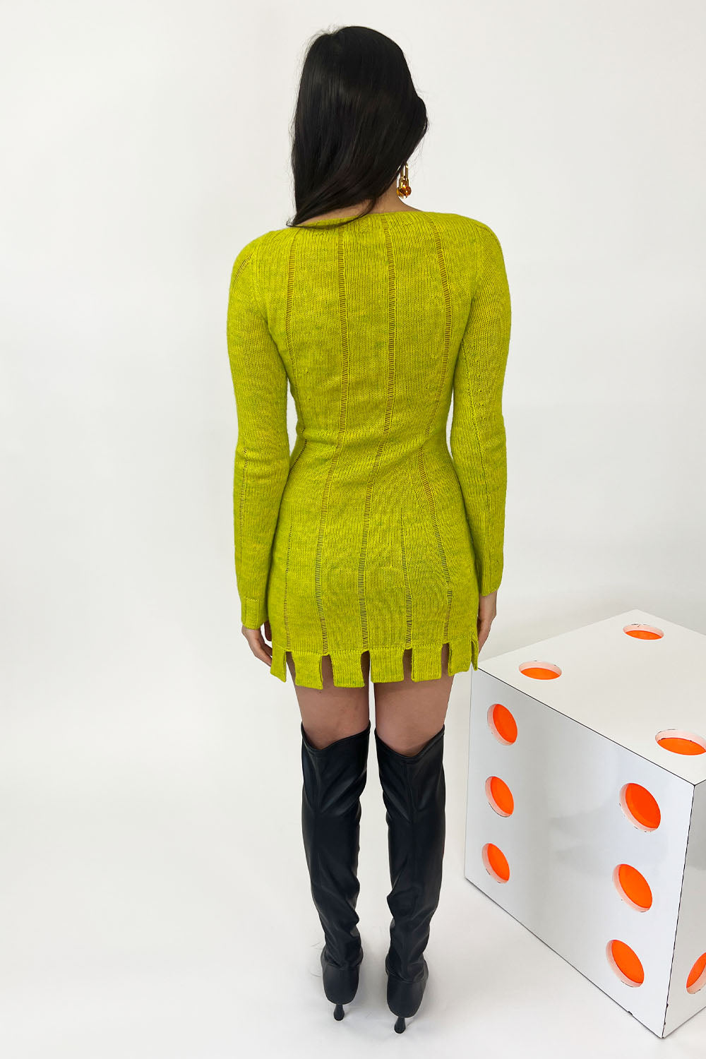 July Li - Striped Fitted Dress: Mustard Green