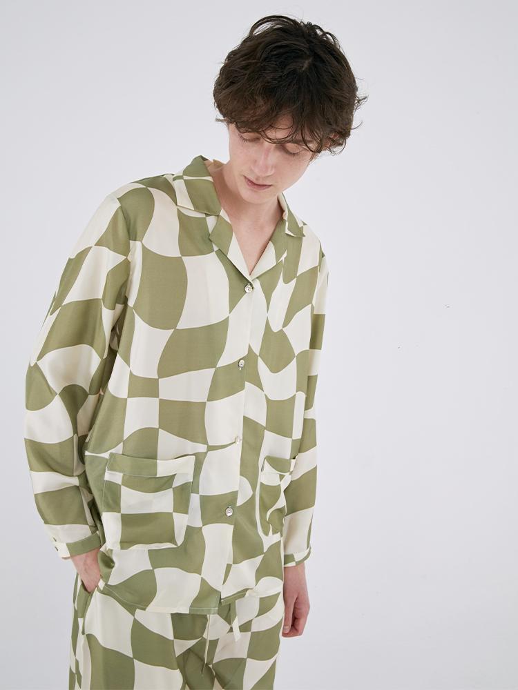 Not Just Pajama - King Of Chess Silk Pajama Set : Green & Ivory