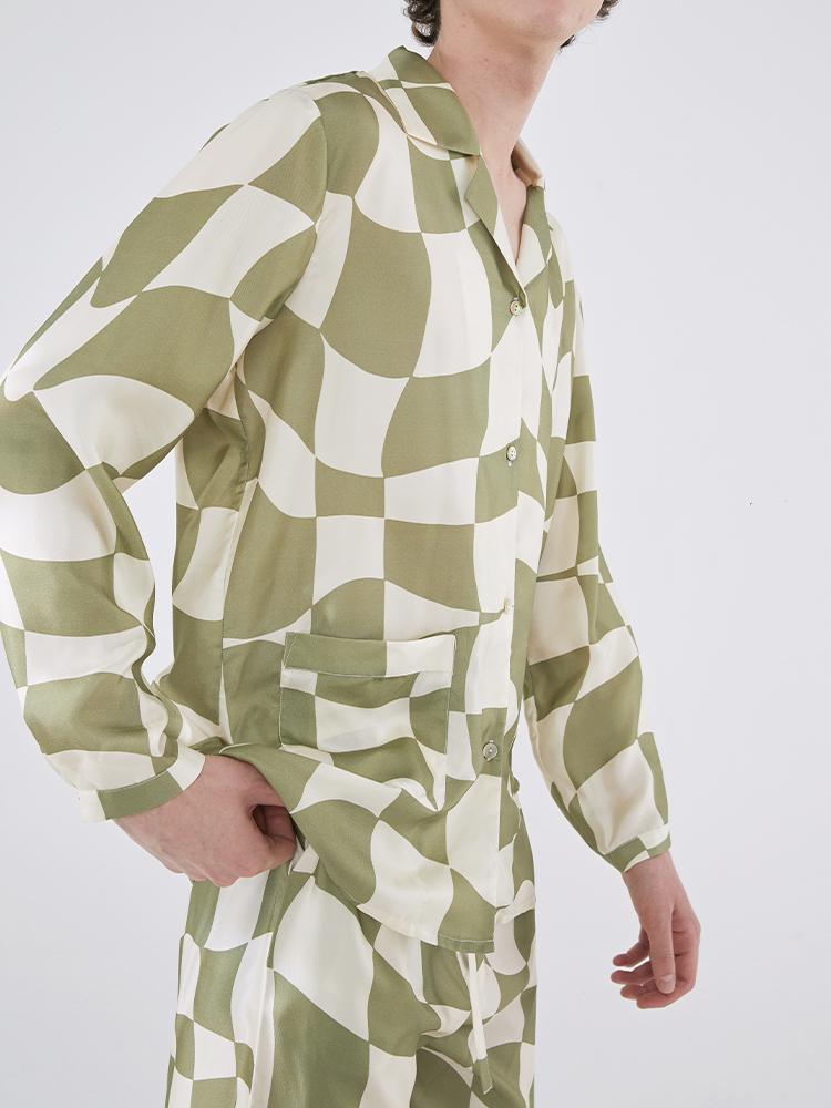 Not Just Pajama - King Of Chess Silk Pajama Set : Green & Ivory