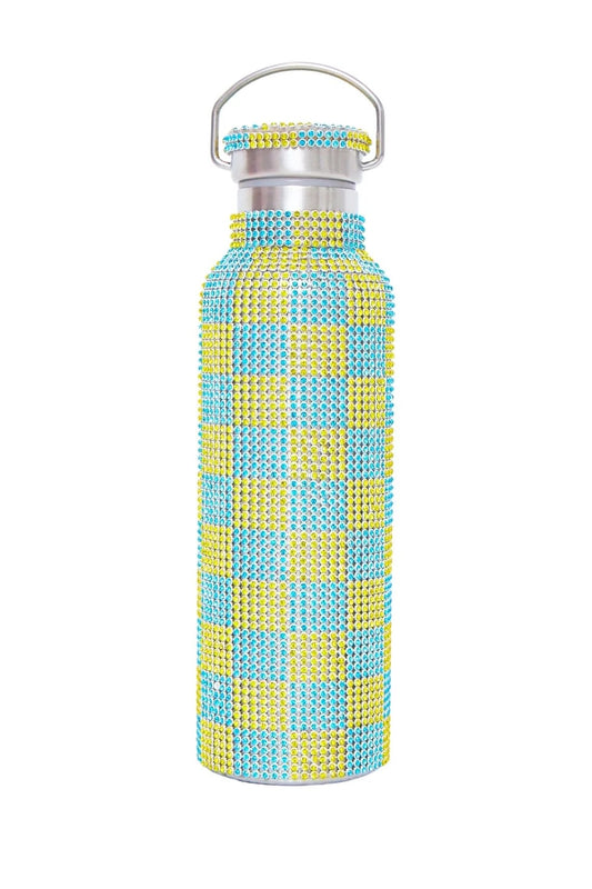 Collina Strada- Rhinestone Water Bottle: Yellow/ Turquoise Checkered