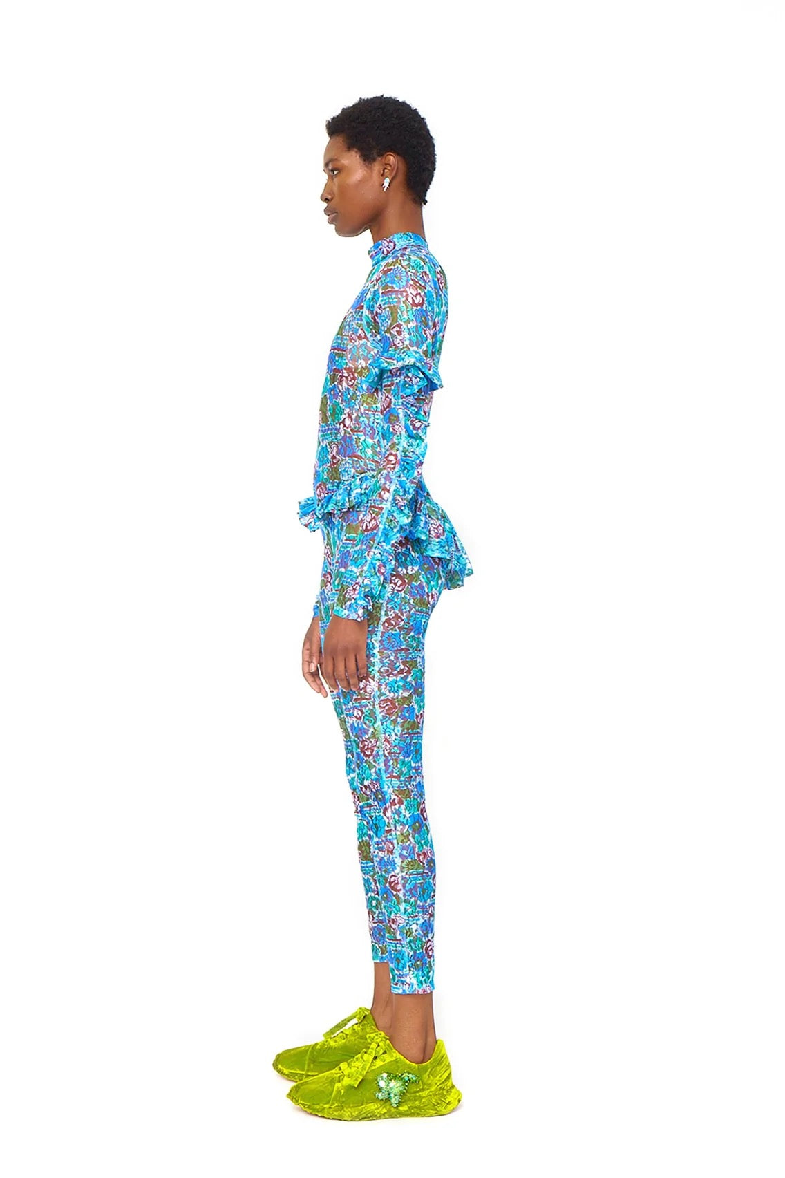 Collina Strada- Ruffle Skirt Bodysuit: Turquoise Flower Stripe