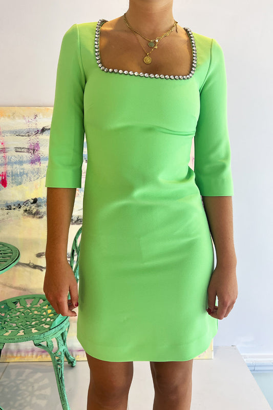 Vivetta- Square Neck Rhinestone Dress: Green