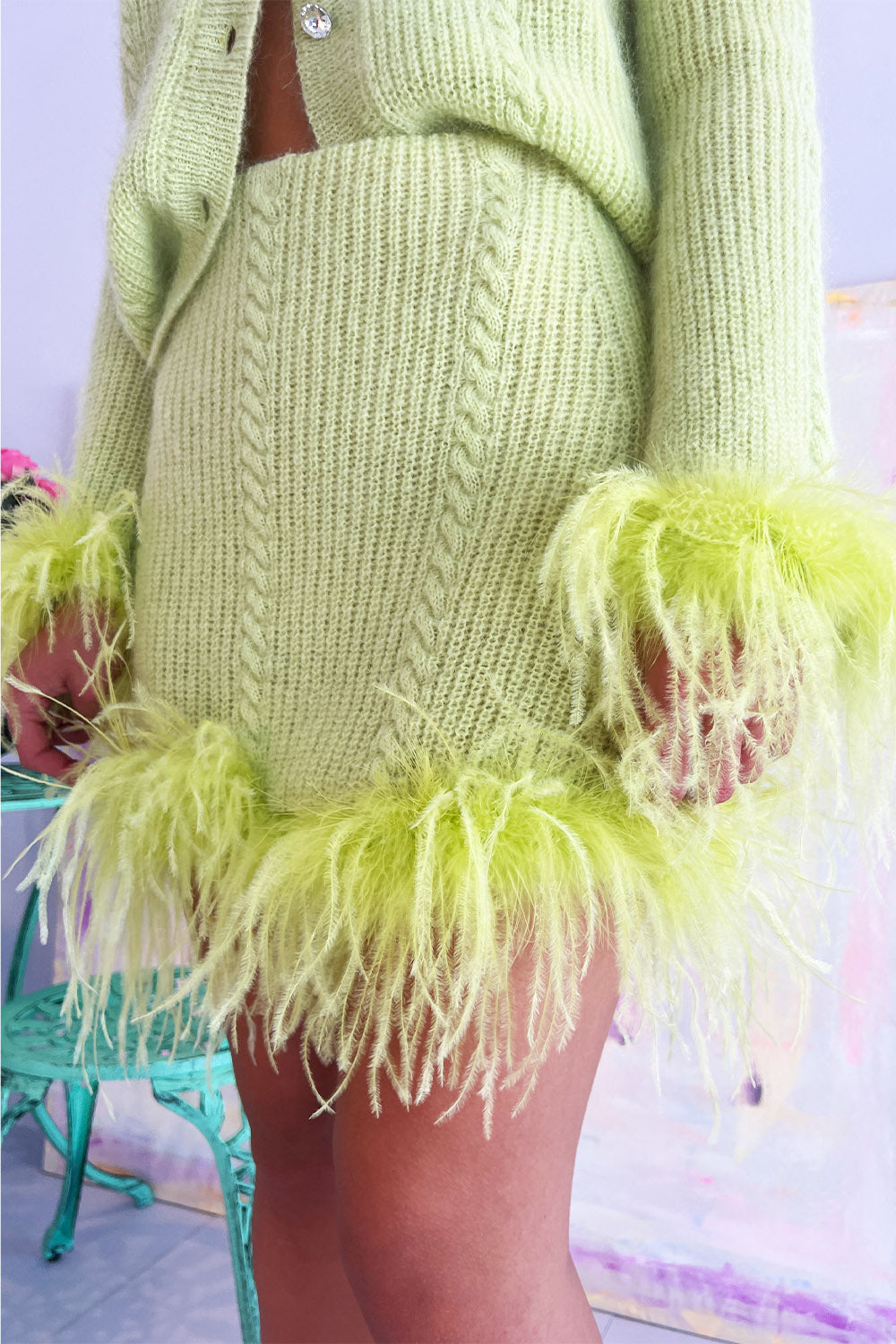 Vivetta- Feather Trim Cable Knit Skirt: Lime